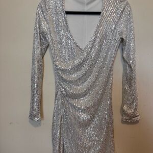 Glamorous Silver Sequin Long Sleeve Dress